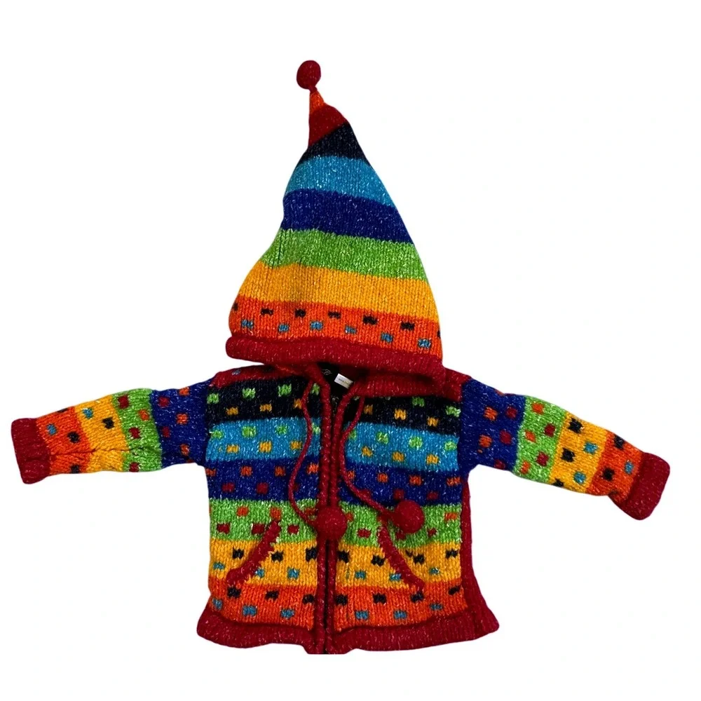 Invisible World Hooded Sweater Kids 1 Multicolor Hand Knit Wool Blend Zip Front
